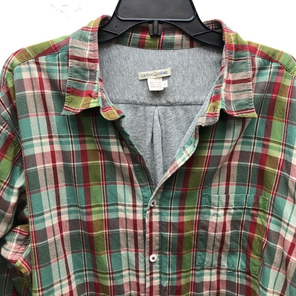 Carbon2Cobalt Shirt Mens Large Green Red Plaid Button Up Flannel Pocket Comfort - Picture 3 of 12
